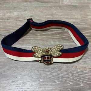 Gucci Navy, Red, and White Belt with Bee Buckle